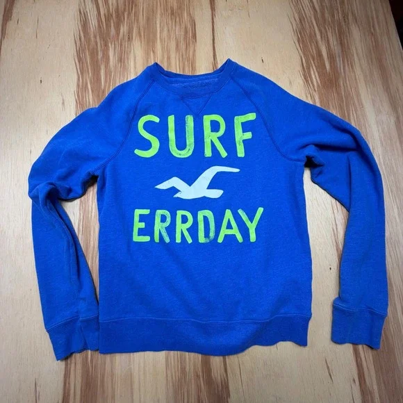 Hollister Surf Errday Crewneck Sweatshirt Men's L Blue Neon Graphic Pullover - Picture 1 of 6